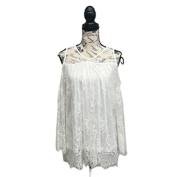 RAIN Ivory Lace Crochet Tunic Blouse Women’s L | Sheer Angelcore Boho Prairie - Picture 2 of 10